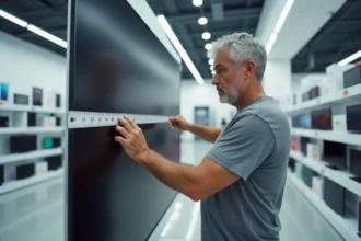 Homme tenant un téléviseur à écran plat dans un magasin d'électronique avec un ruban de mesure pour illustrer la conversion des pouces en centimètres