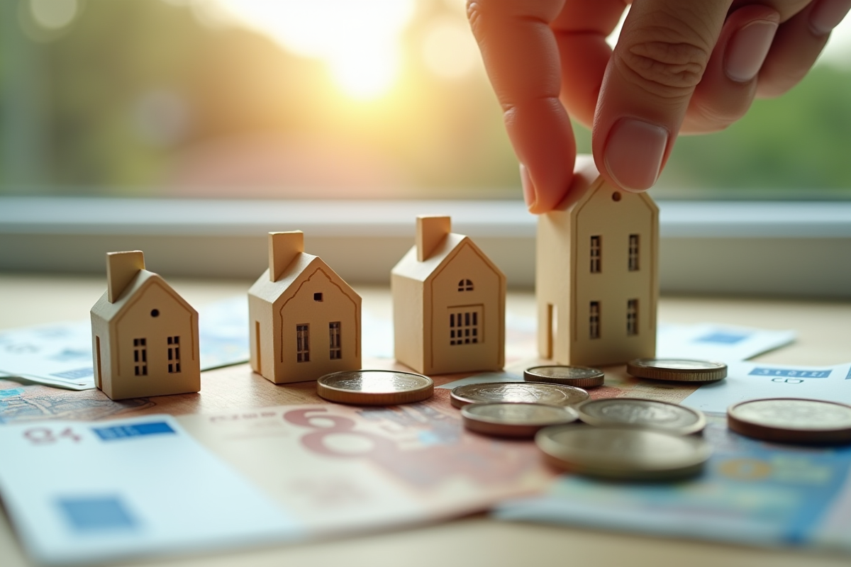 Main posant sur des maquettes d immeubles et des billets d euros