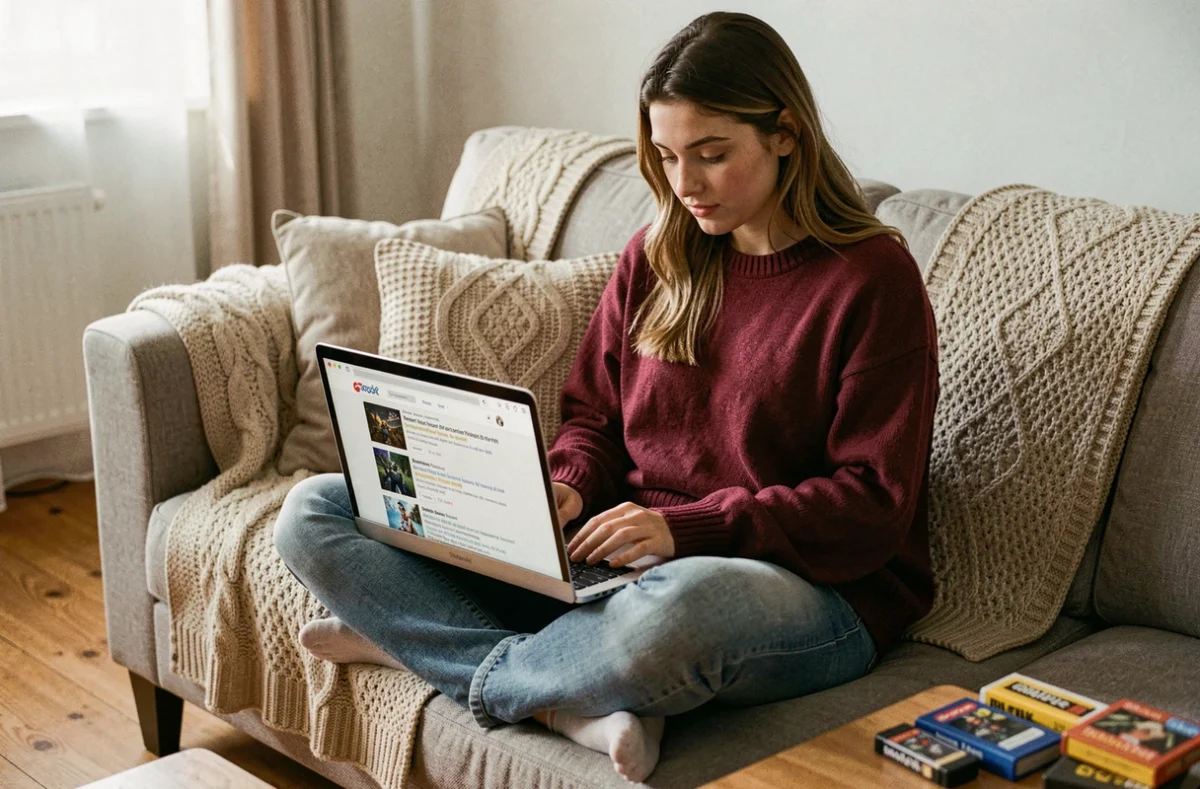 Jeune femme parcourant d'anciens topics de forum de jeux vidéo sur son laptop depuis son canapé