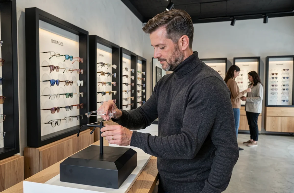 Optique Talandier à Bourges, un opticien dans un showroom moderne arrangeant des montures en titane sur un présentoir