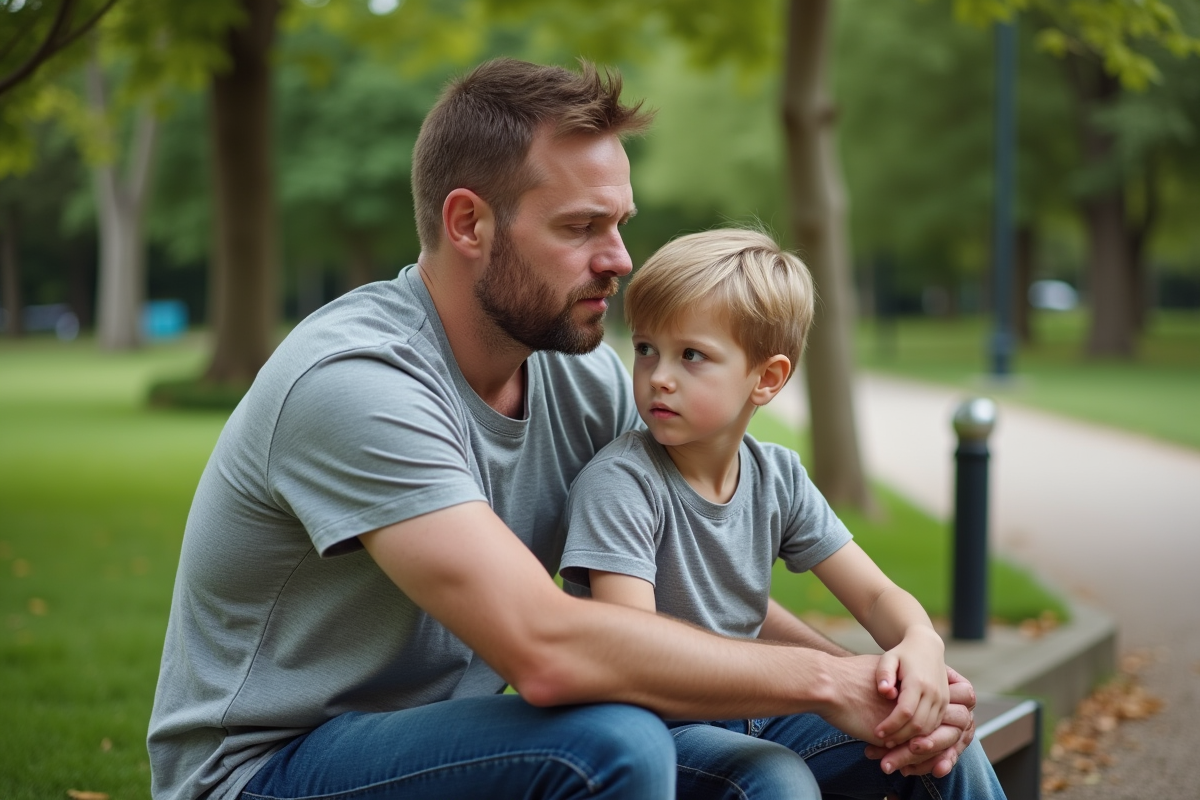 Père et son fils dans un parc en pleine nature