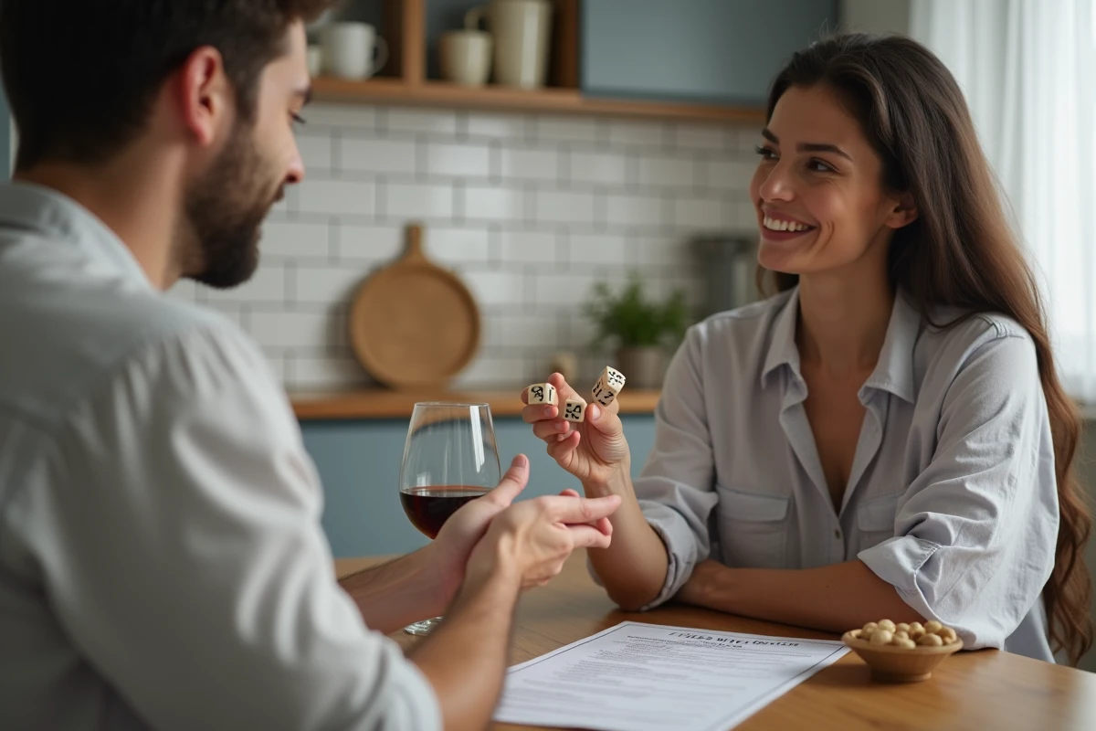 Deux adultes jouant au 421 autour d'une table de cuisine avec une fiche de règles imprimée et des dés en bois posés entre eux