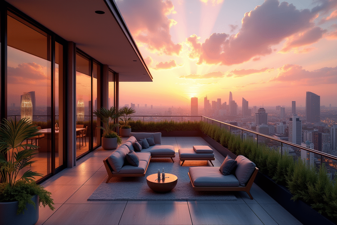 Balcon d'un penthouse luxe au coucher du soleil avec vue sur la ville