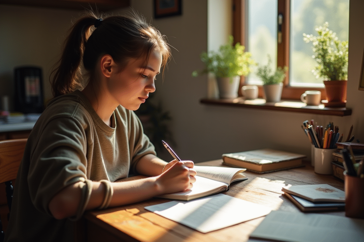 Personne travaillant avec un carnet et un stylo à une table en bois