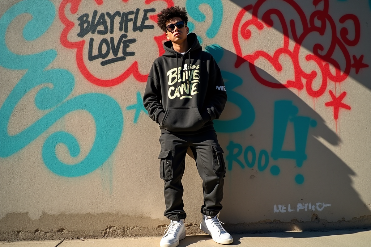 Personne posant devant un mur de street art en plein soleil