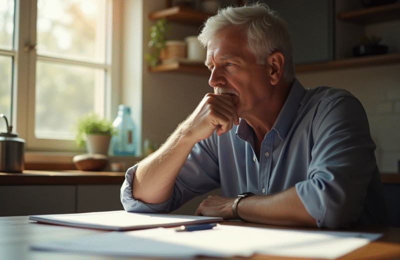 Personne réfléchie assise à une table de cuisine ensoleillée avec des documents officiels
