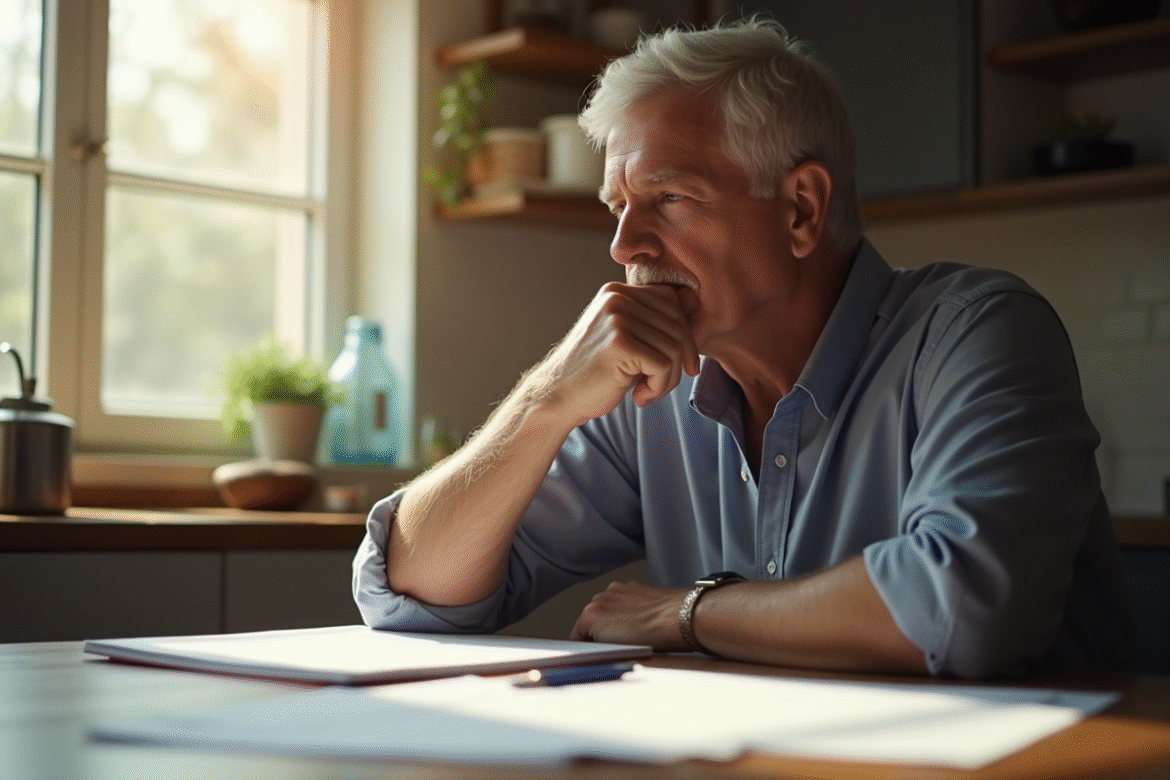 Personne réfléchie assise à une table de cuisine ensoleillée avec des documents officiels