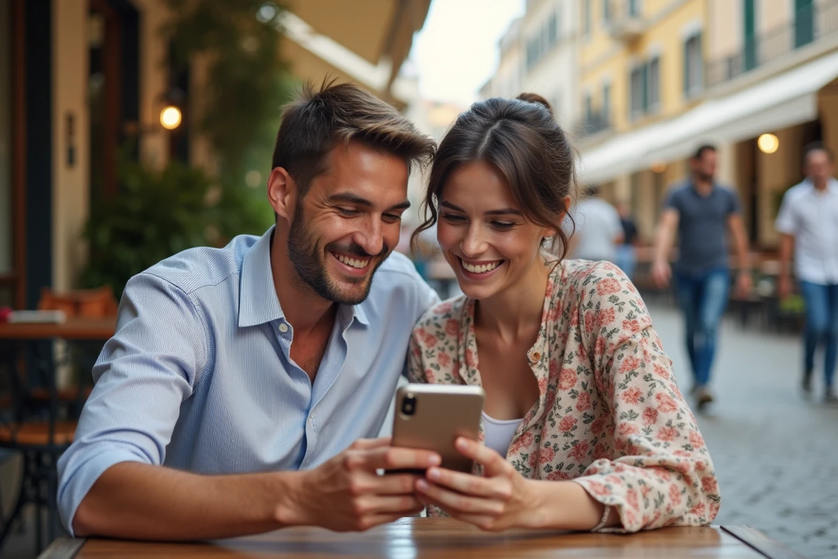 Deux personnes trans comparant des profils sur une application de rencontre mobile en terrasse de café