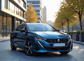 Peugeot 408 hybride sur une rue urbaine moderne en journée