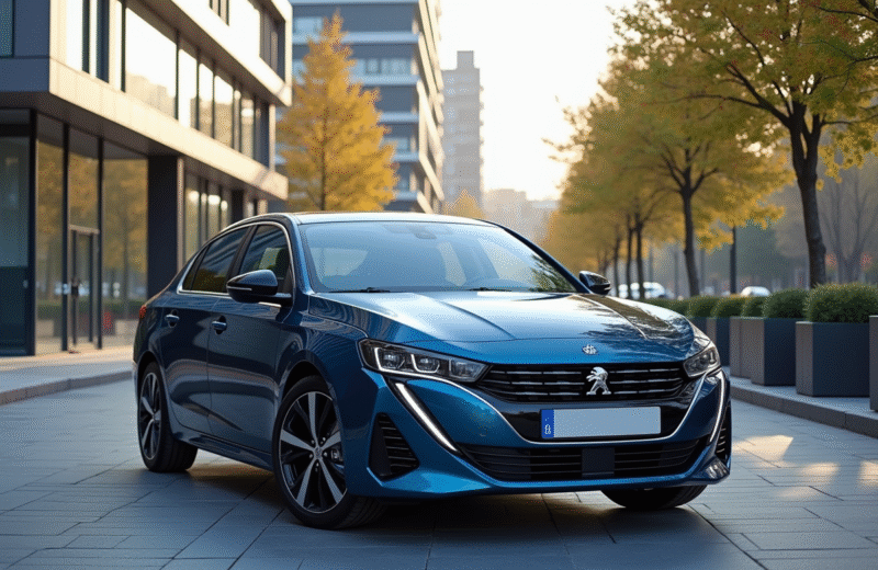 Peugeot 408 hybride sur une rue urbaine moderne en journée