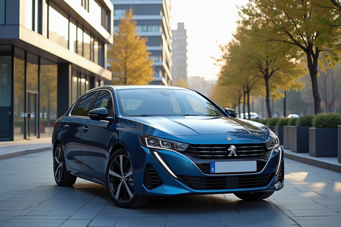 Peugeot 408 hybride sur une rue urbaine moderne en journée