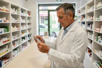 Pharmacien espagnol examinant des cartouches de médicaments derrière le comptoir d'une pharmacie moderne