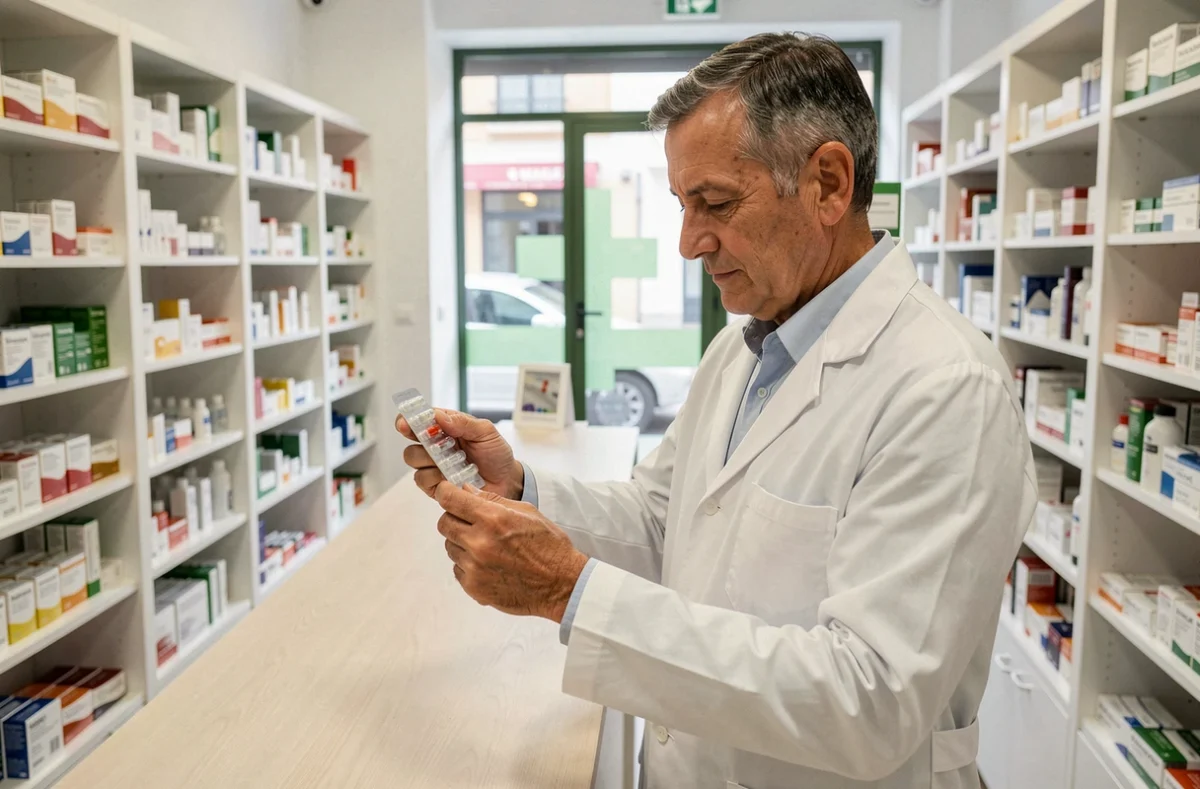 Pharmacien espagnol examinant des cartouches de médicaments derrière le comptoir d'une pharmacie moderne