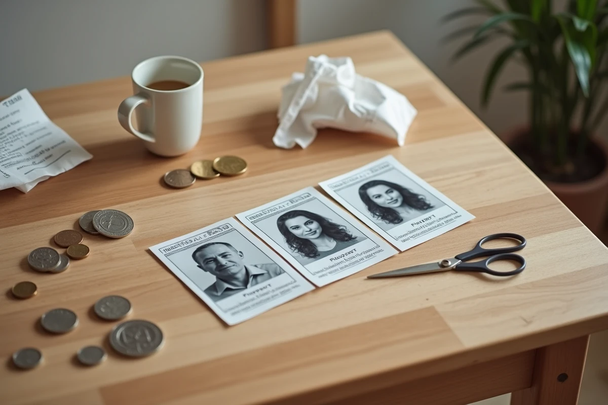 Quatre photos d'identité imprimées par photomaton posées sur une table avec un reçu et des pièces de monnaie