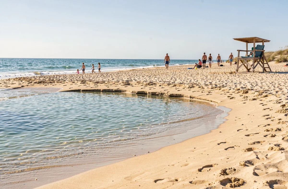 Plage de sable au bord du lac de la base de loisirs en été