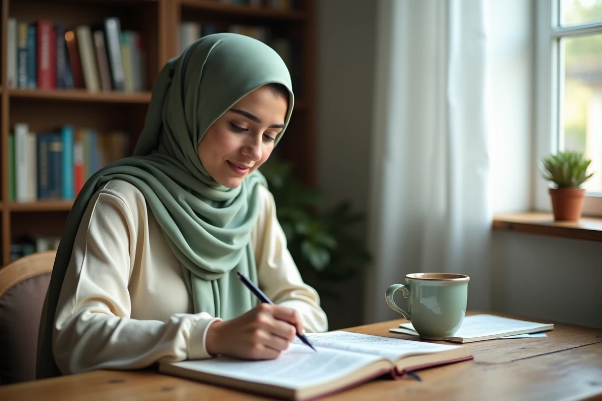 Femme planifiant sa lecture quotidienne du Coran avec un planning des 30 Juz