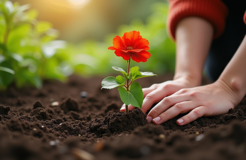 Personne plantant une begonia en jardin ensoleille