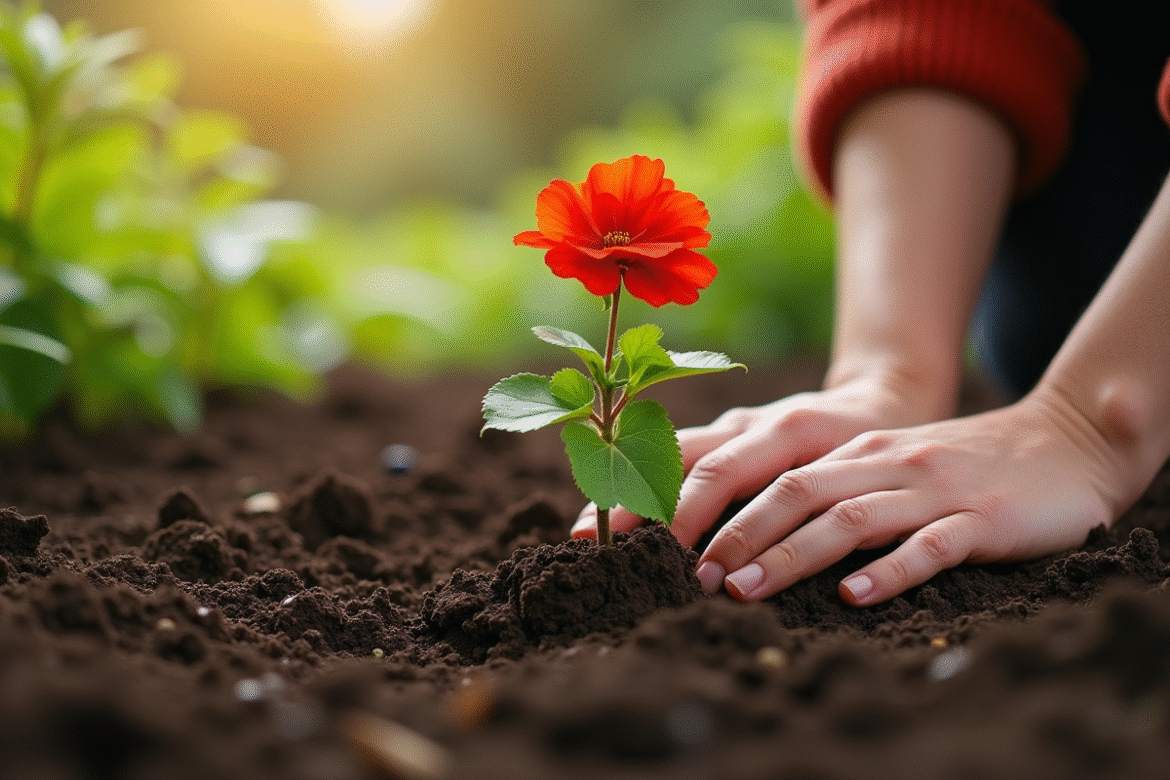 Personne plantant une begonia en jardin ensoleille