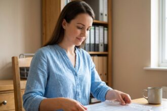 Jeune femme insérant des documents dans des pochettes plastiques perforées à son bureau à domicile