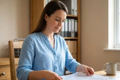 Jeune femme insérant des documents dans des pochettes plastiques perforées à son bureau à domicile