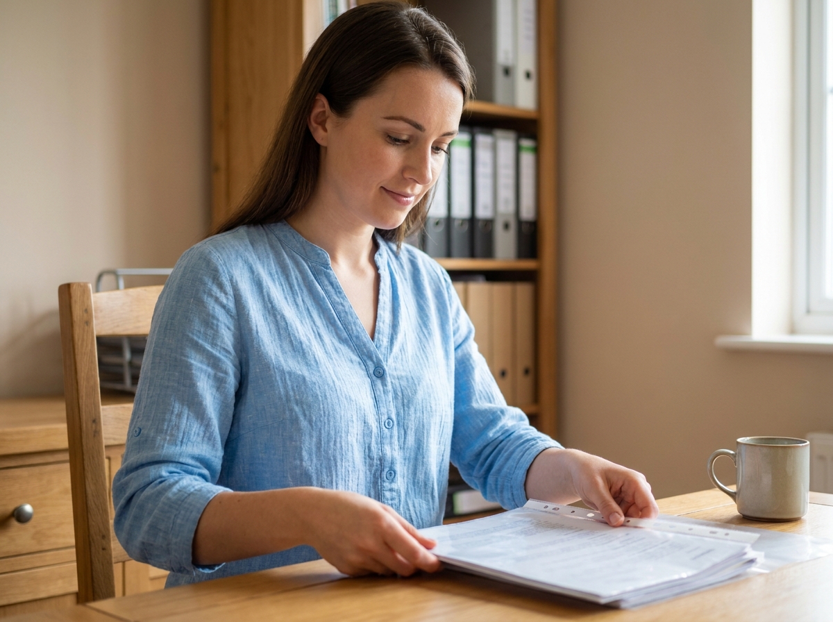Jeune femme insérant des documents dans des pochettes plastiques perforées à son bureau à domicile