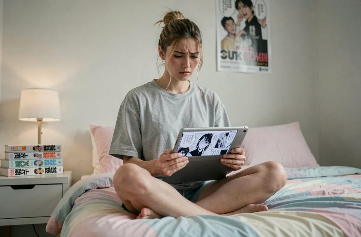 Jeune femme consultant une tablette avec un problème d'affichage sur une page manga dans sa chambre
