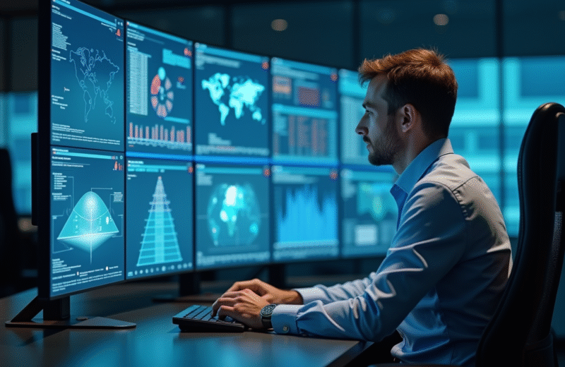 Professionnel de la securite dans une salle de controle moderne