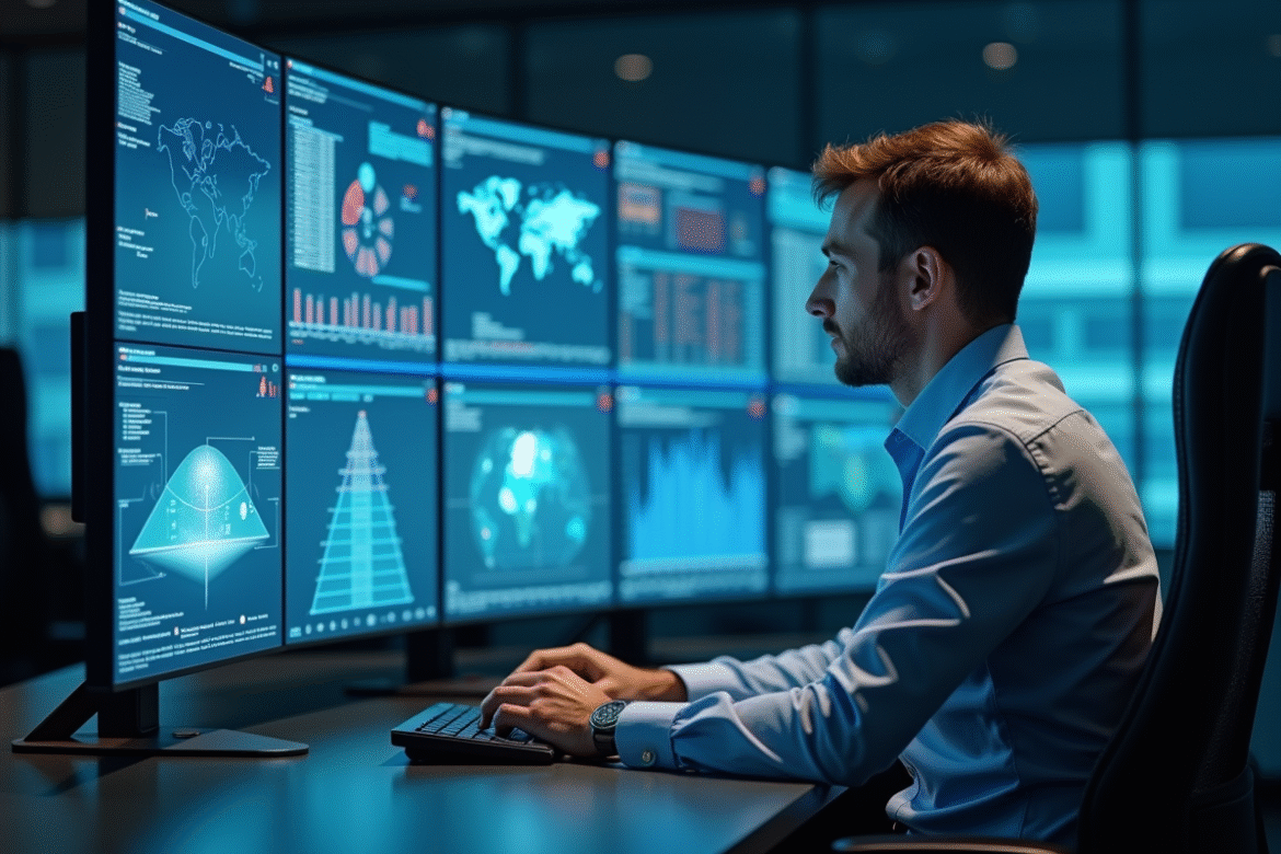 Professionnel de la securite dans une salle de controle moderne