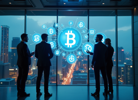 Professionnels en réunion dans un bureau moderne avec symbole blockchain