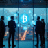 Professionnels en réunion dans un bureau moderne avec symbole blockchain