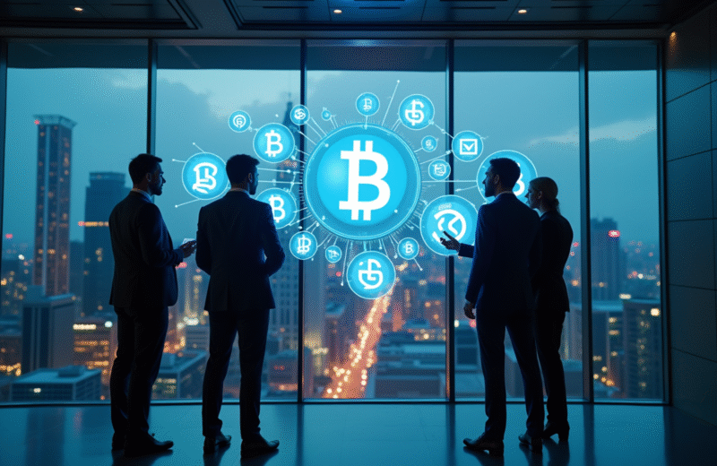 Professionnels en réunion dans un bureau moderne avec symbole blockchain