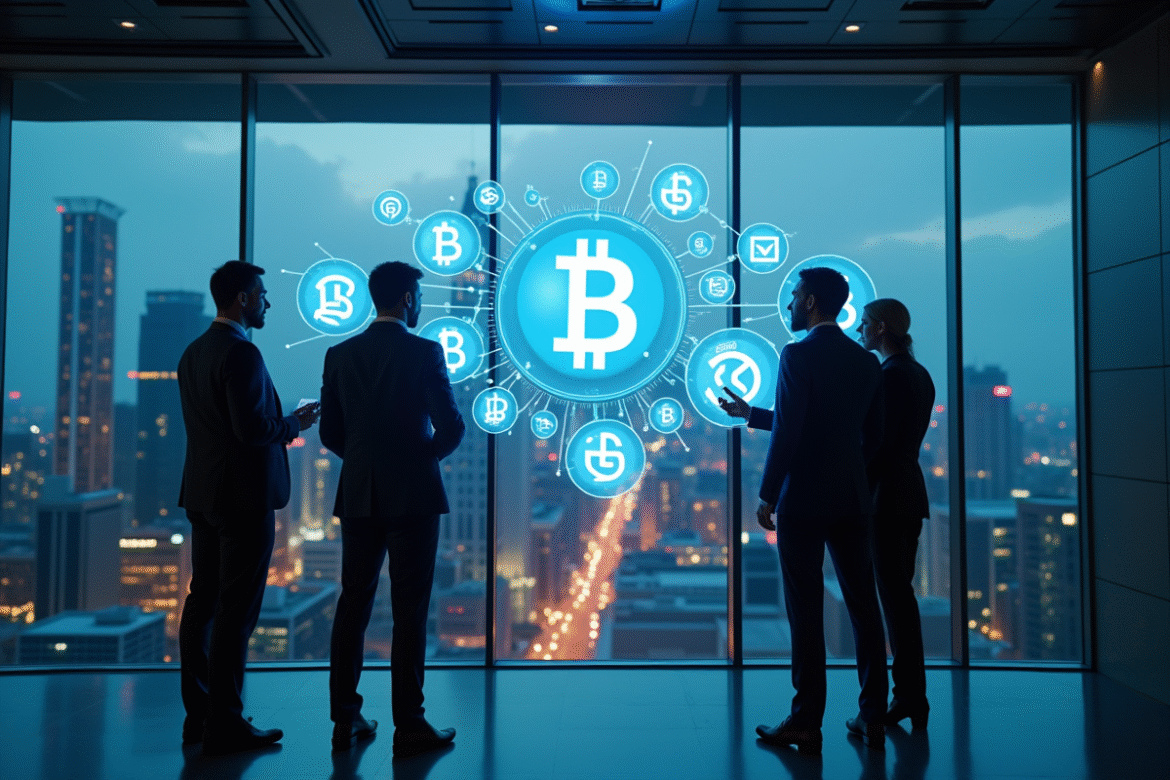Professionnels en réunion dans un bureau moderne avec symbole blockchain