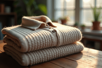 Pull en laine et coton bien plié sur une table en bois