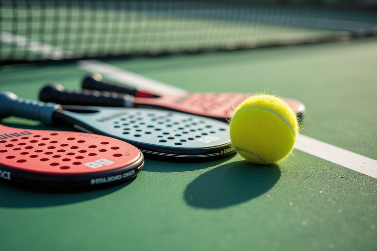 Raquettes de padel et balle jaune sur court en matinée en extérieur