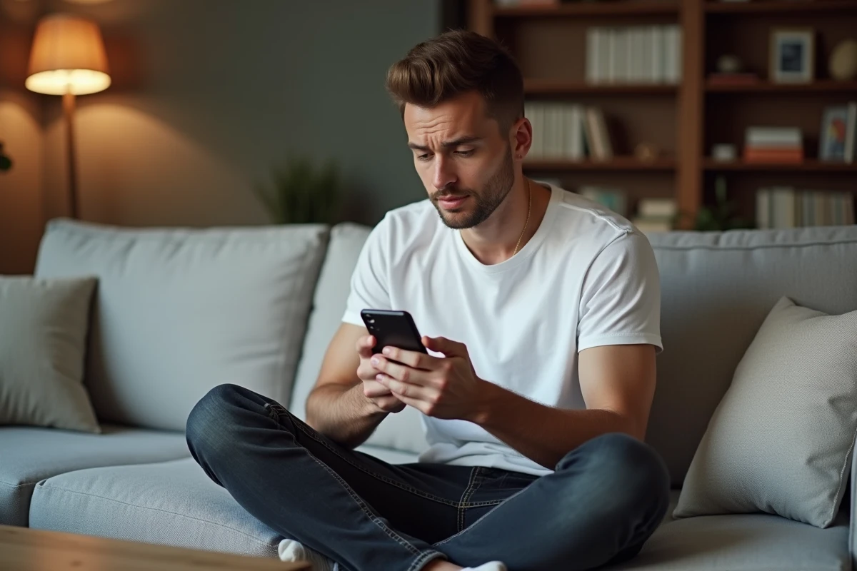 Jeune homme consultant un site de recherche inversée de numéro sur son smartphone dans son salon