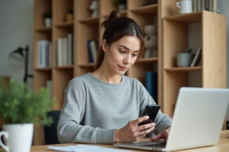 Femme effectuant une recherche inversée de numéro de téléphone sur son ordinateur portable à domicile