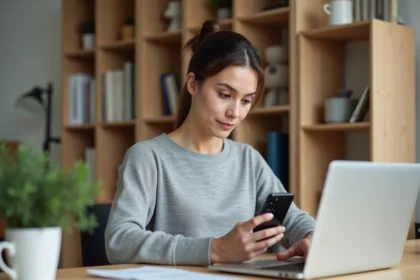 Femme effectuant une recherche inversée de numéro de téléphone sur son ordinateur portable à domicile