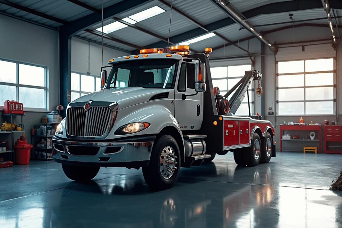 Camion de dépannage moderne dans un garage lumineux