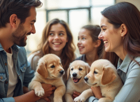 Famille heureuse rencontrant des chiots lors d'un salon canin