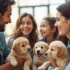 Famille heureuse rencontrant des chiots lors d'un salon canin