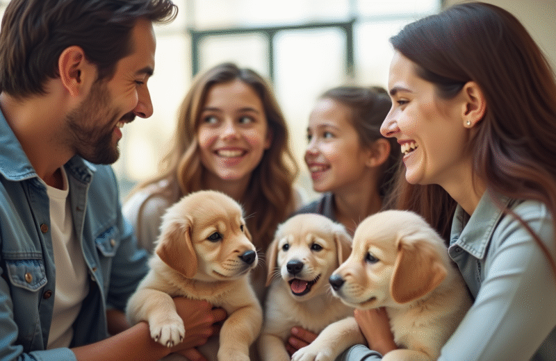 Famille heureuse rencontrant des chiots lors d'un salon canin