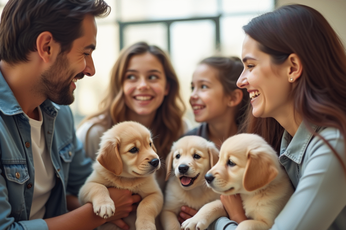 Famille heureuse rencontrant des chiots lors d'un salon canin