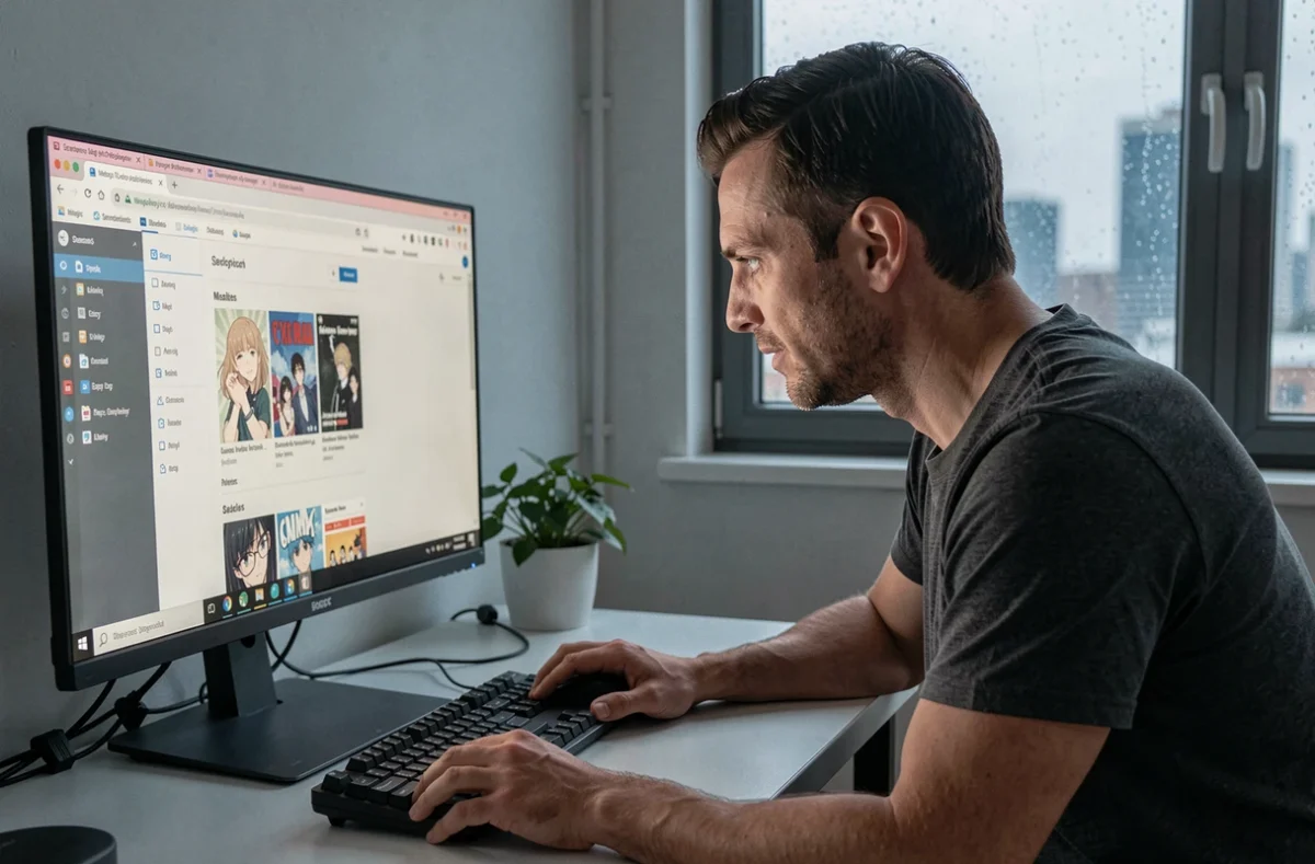 Homme en train de résoudre un bug de lecture manga sur un ordinateur de bureau avec navigateur ouvert