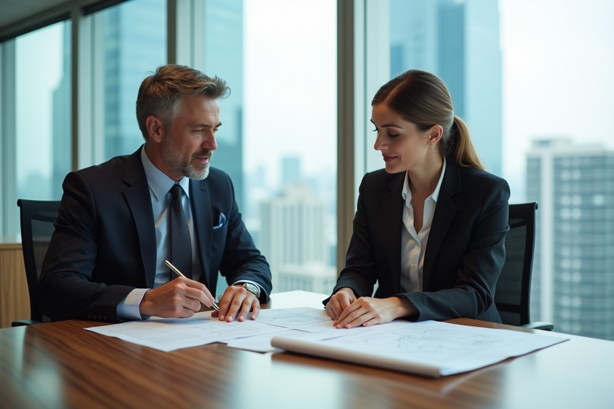 Homme et femme d'affaires examinant des plans dans un bureau moderne