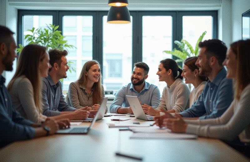 Groupe d'employes lors d'une reunion dans un bureau moderne