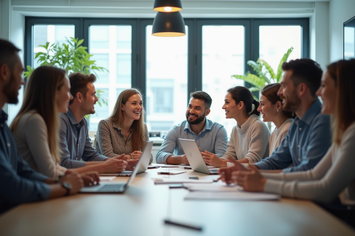 Groupe d'employes lors d'une reunion dans un bureau moderne