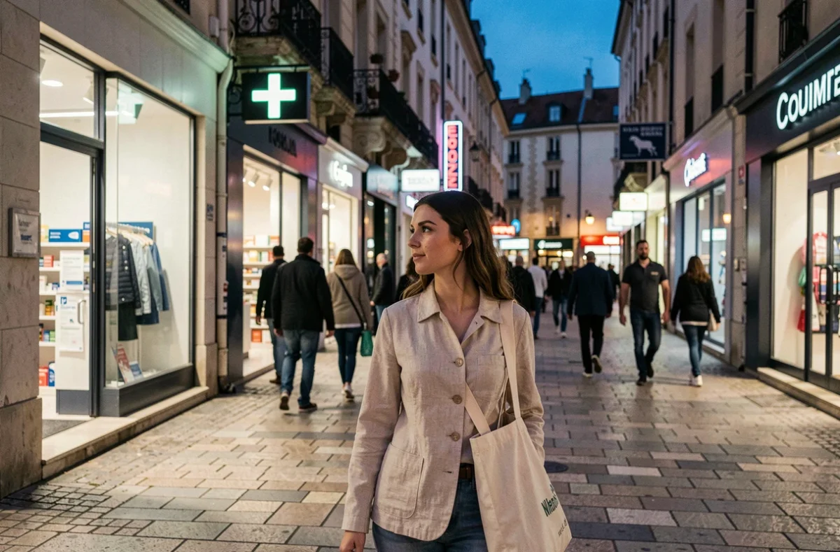 Femme marchant dans une rue commerçante de Montpellier avec des boutiques ouvertes en soirée