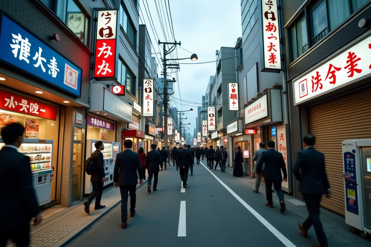 Vue de rue d'une ville japonaise avec enseignes en kanji et passants dans un quartier urbain de Tokyo