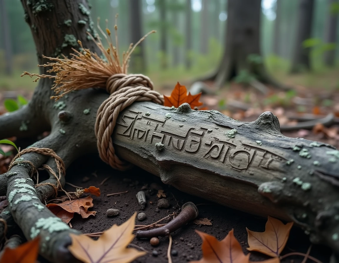 Gros plan sur des runes Elder Futhark gravées dans l'écorce d'un frêne avec des herbes séchées et des offrandes chamaniques attachées aux branches