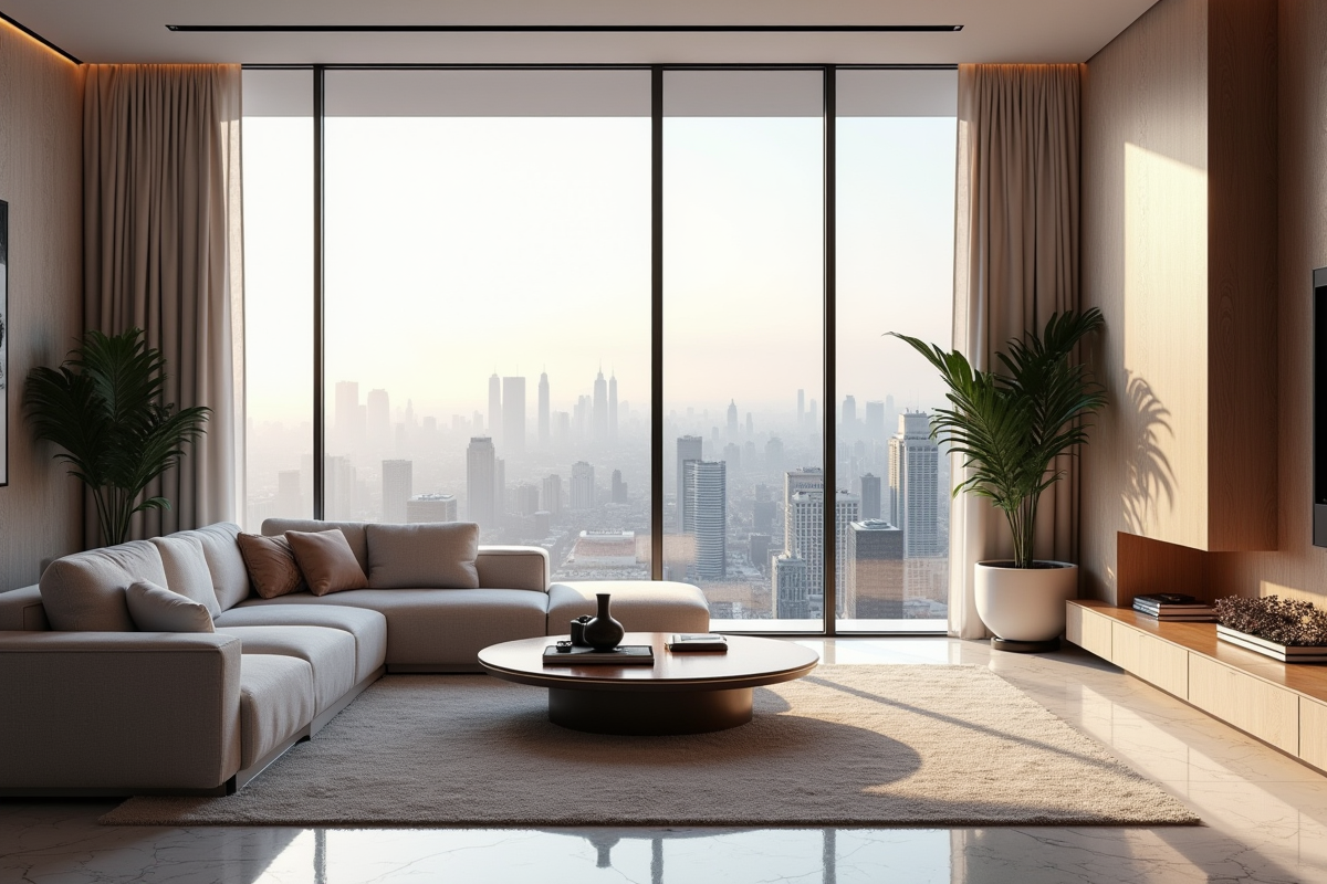 Salon moderne avec vue urbaine et lumière naturelle